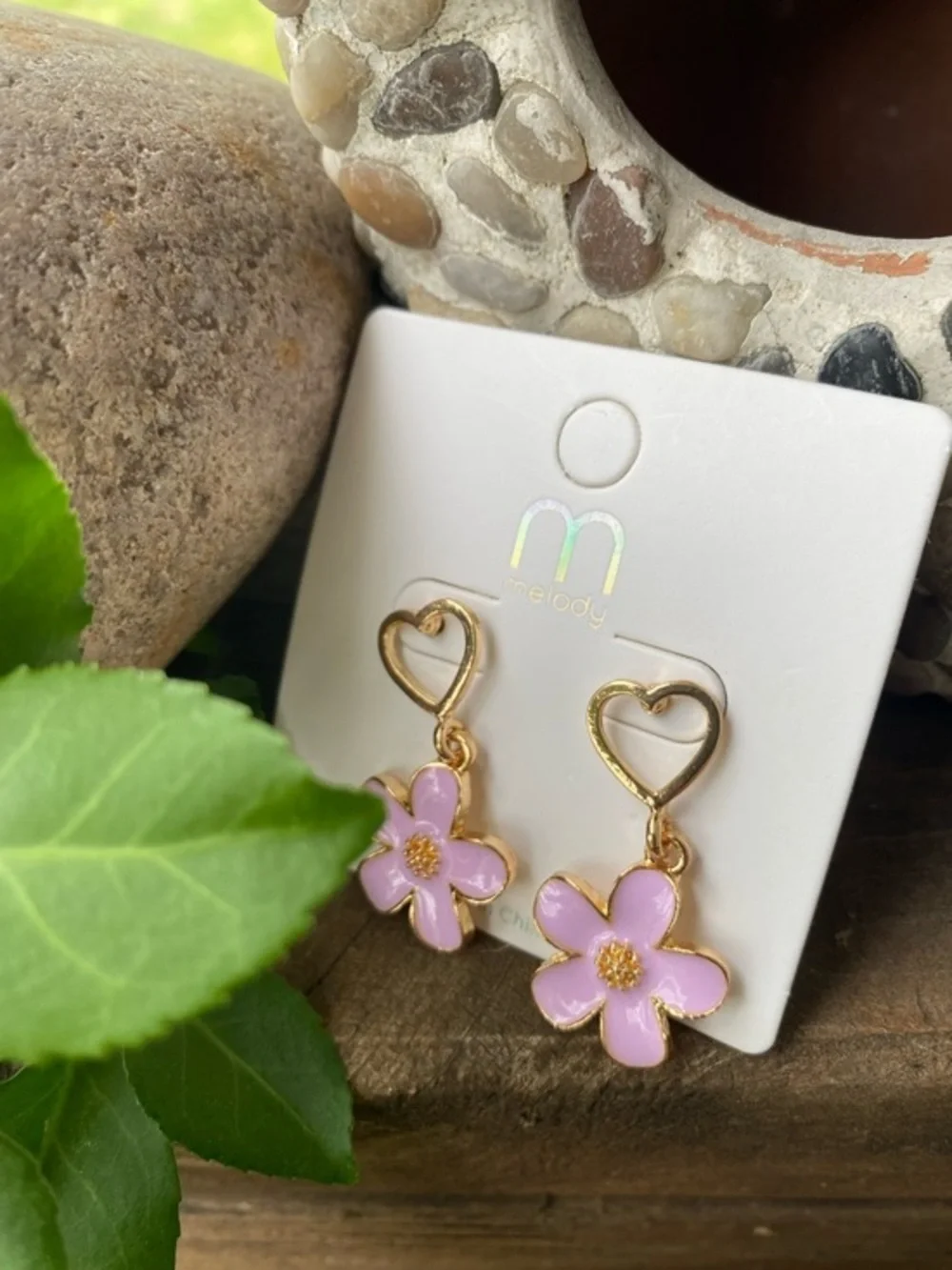 Melody Lilac Flower Heart Drop Earrings - Gold Tone